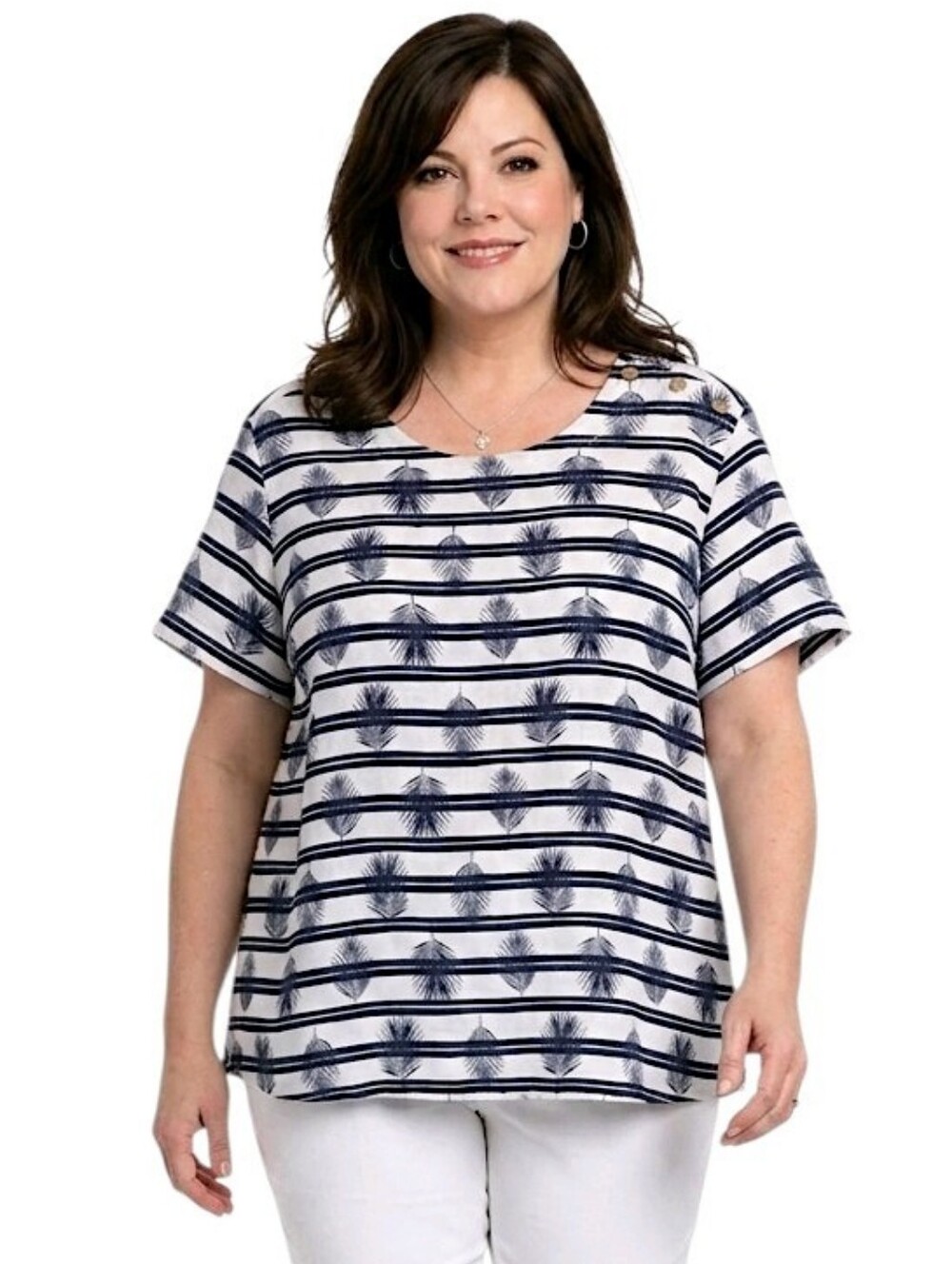 Lands' End Navy & White Striped Linen Palm-Print Button-Shoulder Blouse Size 3X